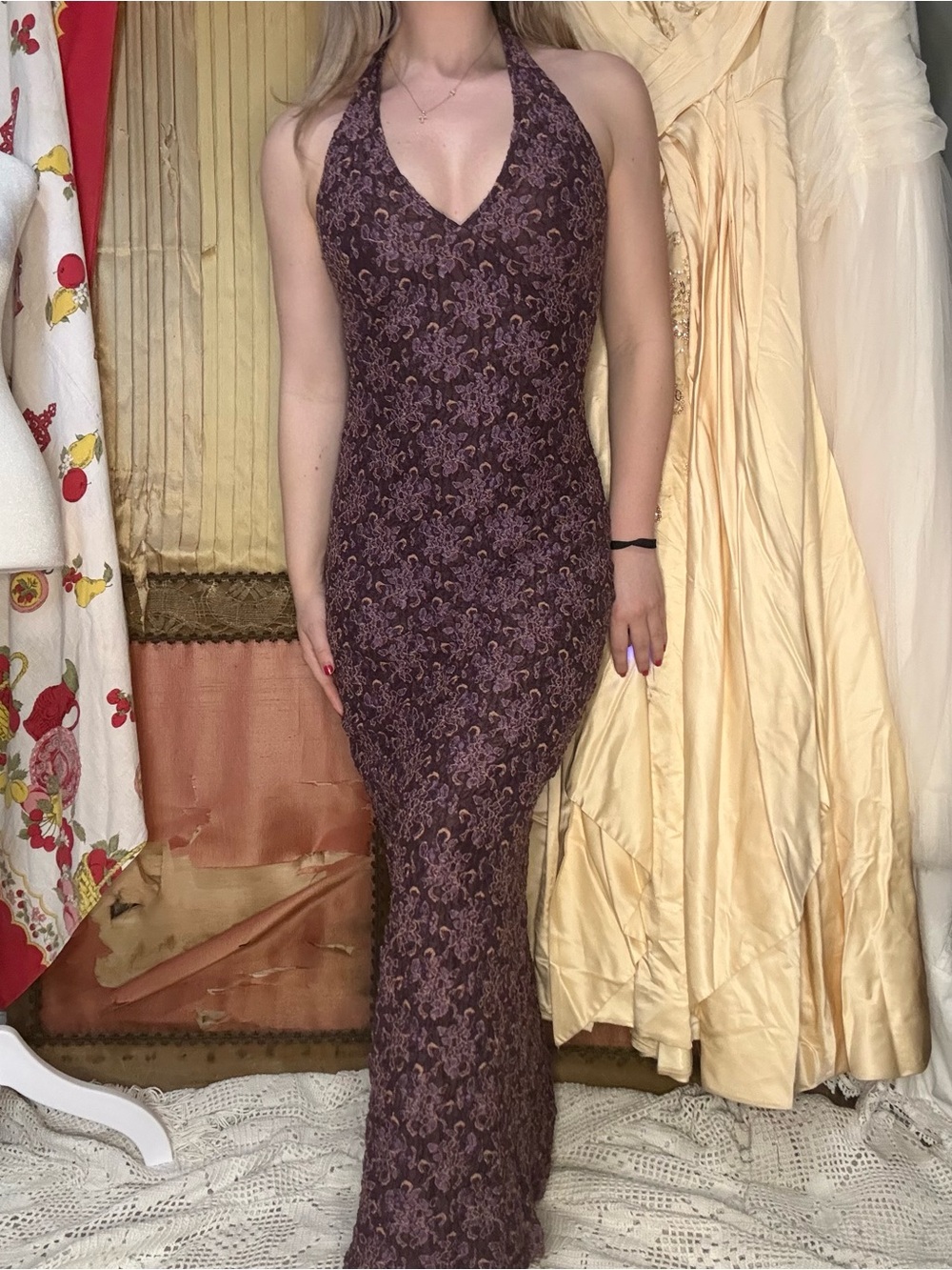 Vintage 90’s Bisou Bisou Plum Halter Lace Maxi Dress